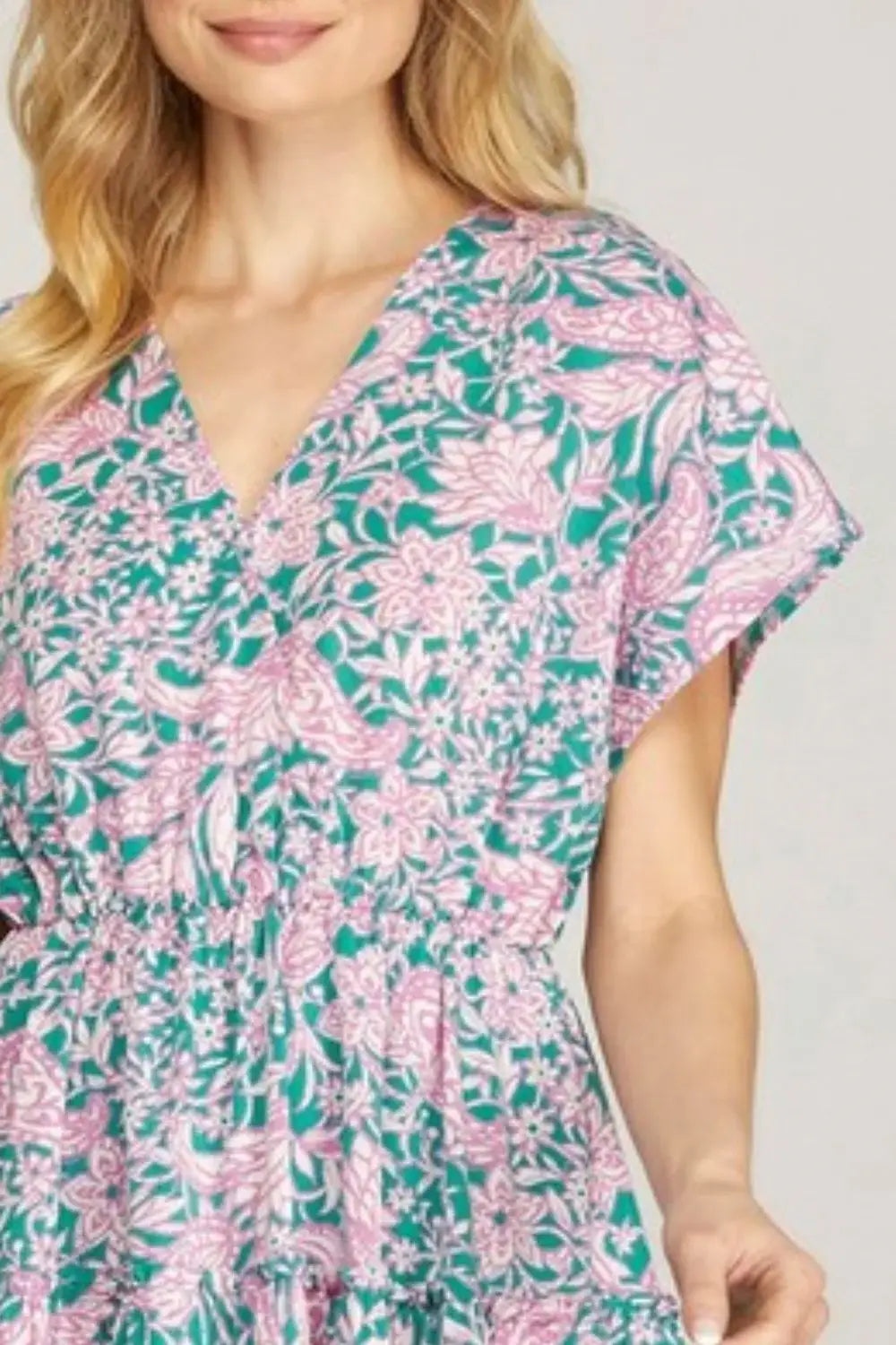 She + Sky Full Size Ruffled Hem Printed Surplice Kimono Sleeve Mini Dress Plus Size - Trendsi - Flyclothing LLC