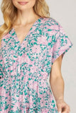 She + Sky Full Size Ruffled Hem Printed Surplice Kimono Sleeve Mini Dress Plus Size - Trendsi