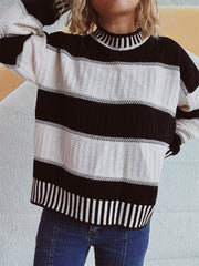 Contrast Round Neck Long Sleeve Sweater - Trendsi
