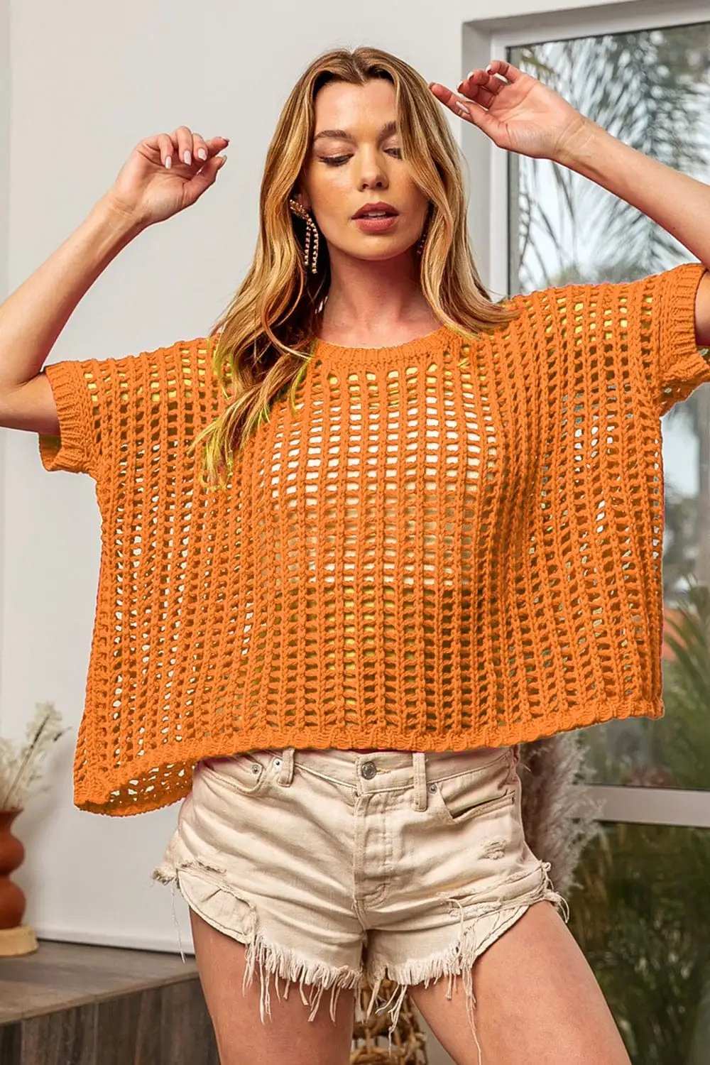 BiBi Hollowed Out Short Sleeve Knit Cover Up - Trendsi - Flyclothing LLC