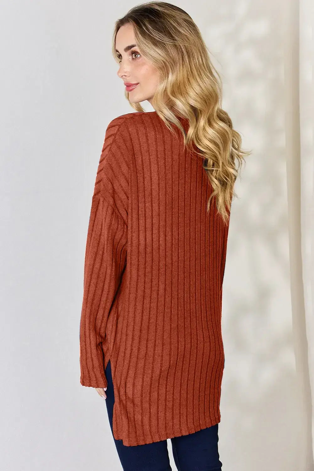 Basic Bae Full Size Ribbed Half Button Long Sleeve High-Low T-Shirt - ShopBasicbae - Flyclothing LLC