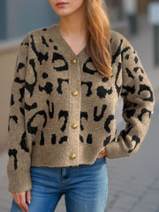 Leopard V-Neck Button Up Cardigan - Trendsi