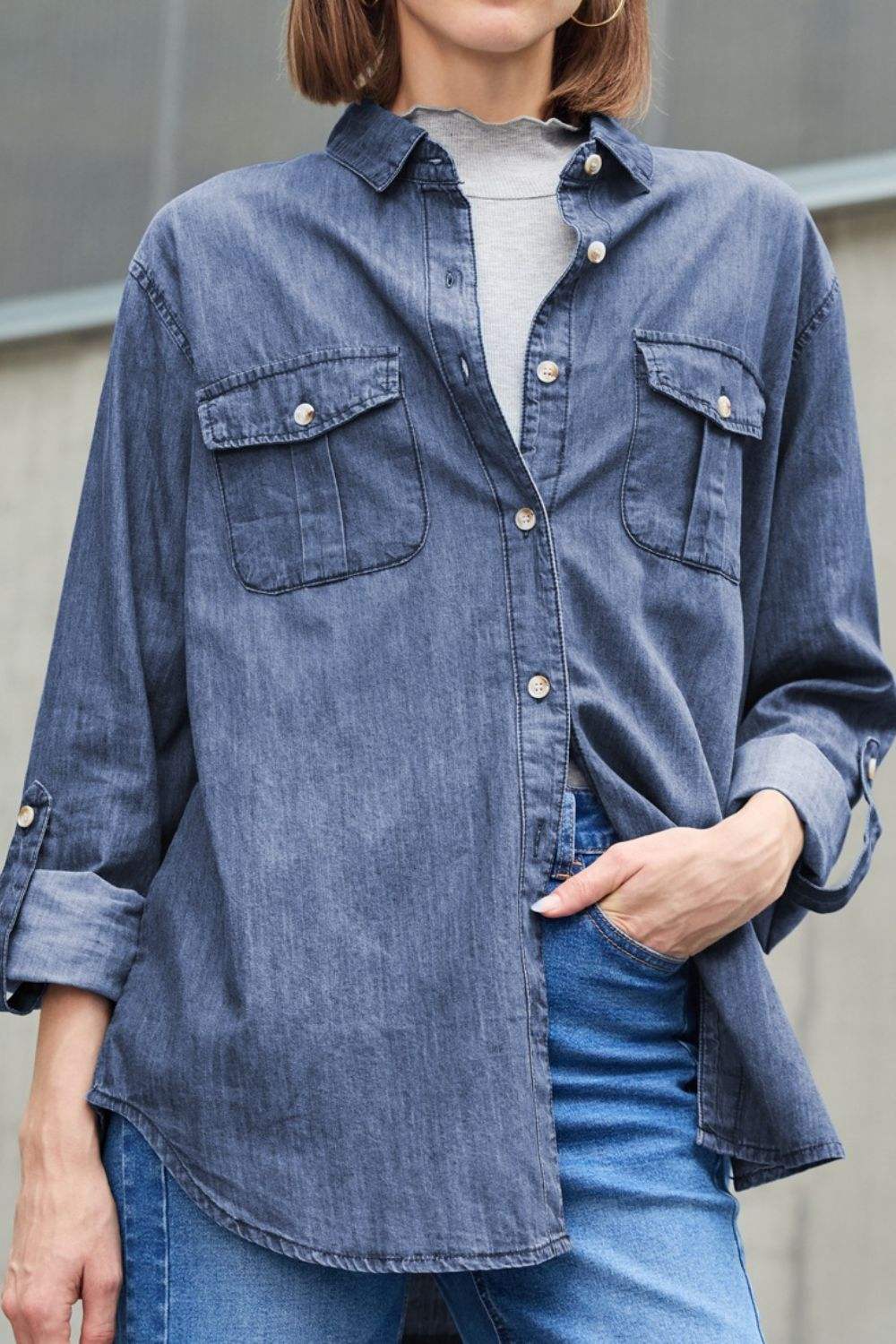 Pocketed Collared Neck Long Sleeve Denim Top - Trendsi - Flyclothing LLC