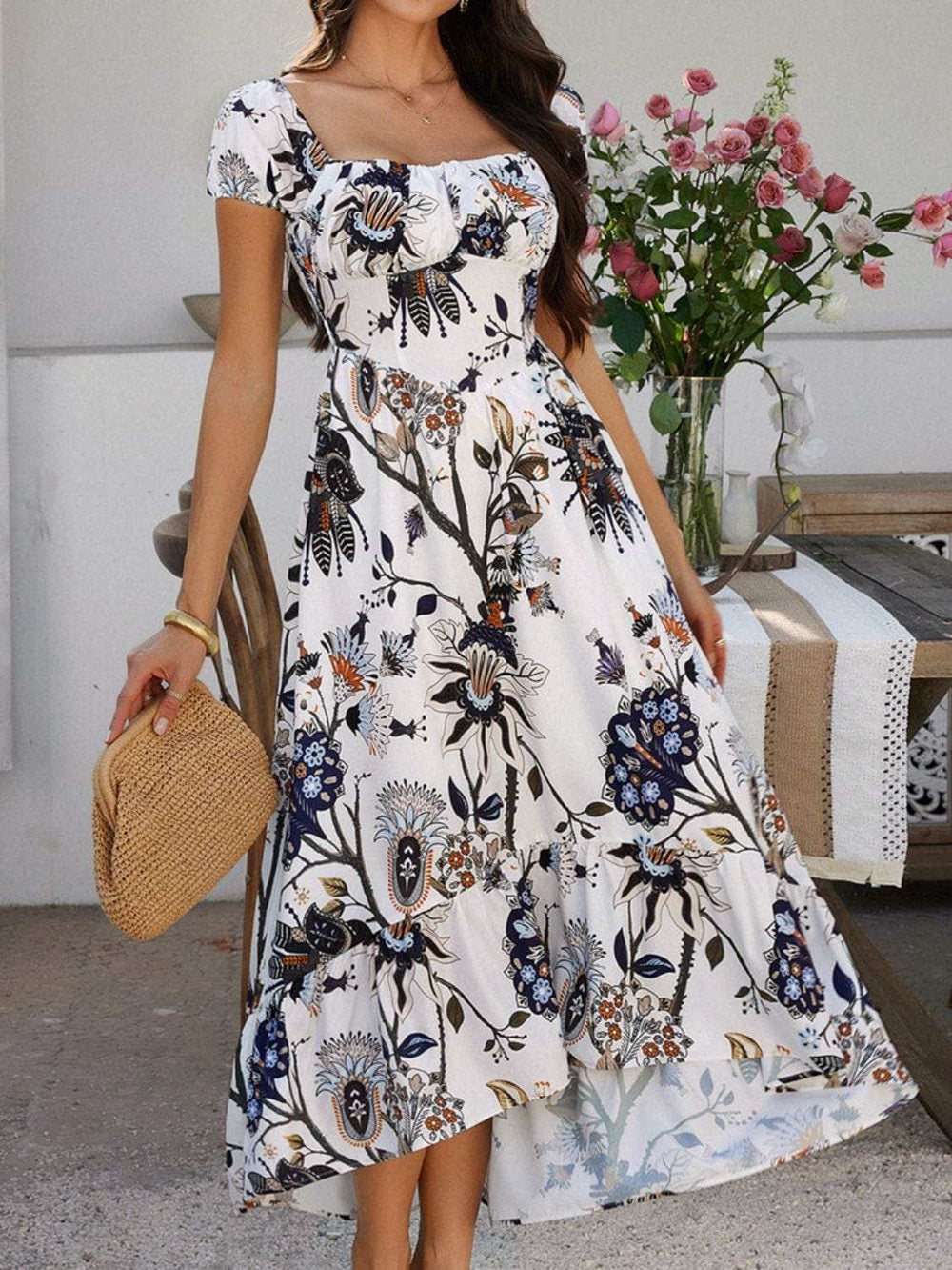 Devine Smocked Printed Short Sleeve Maxi Dress - Trendsi - Flyclothing LLC