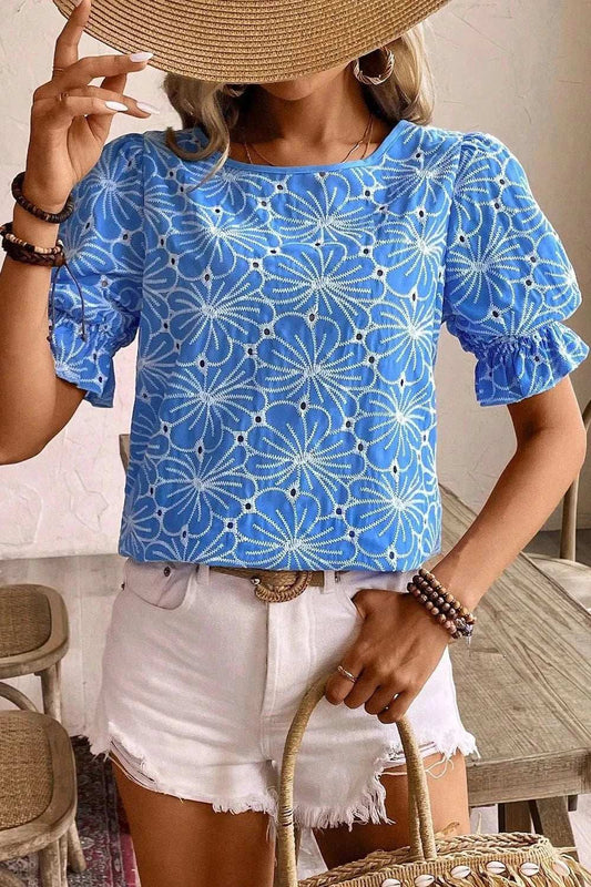 Eyelet Flower Embroidery Flounce Sleeve Blouse - Trendsi - Flyclothing LLC