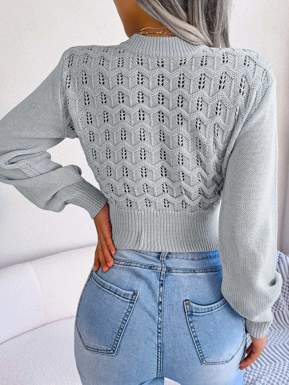 Openwork Mock Neck Long Sleeve Cropped Sweater - Trendsi - Flyclothing LLC