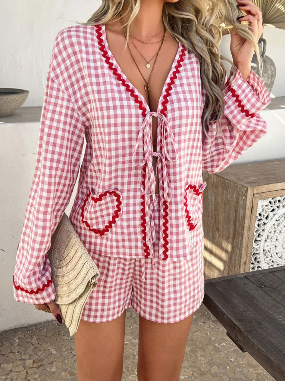 Devine Tie Front Contrast Plaid Shirt and Shorts Set - Trendsi