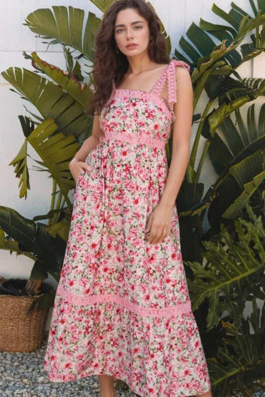 Floral Lace Tied Strap Square Neck Dress with Pockets - Trendsi - Flyclothing LLC