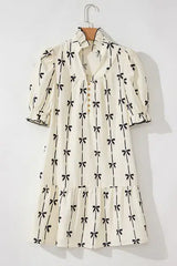 Frill Bow Print Notched Short Sleeve Mini Dress - Trendsi - Flyclothing LLC