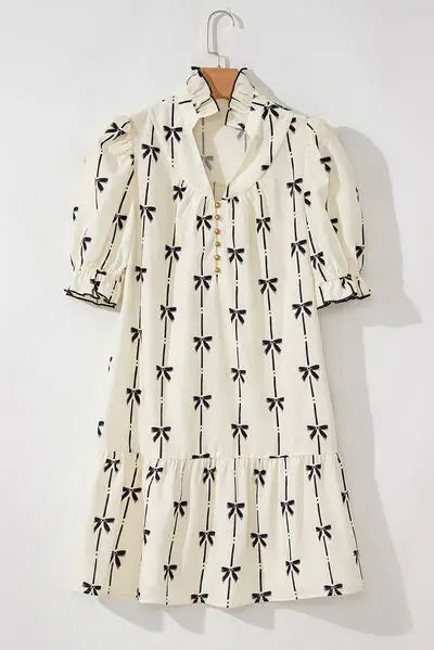 Frill Bow Print Notched Short Sleeve Mini Dress - Trendsi - Flyclothing LLC