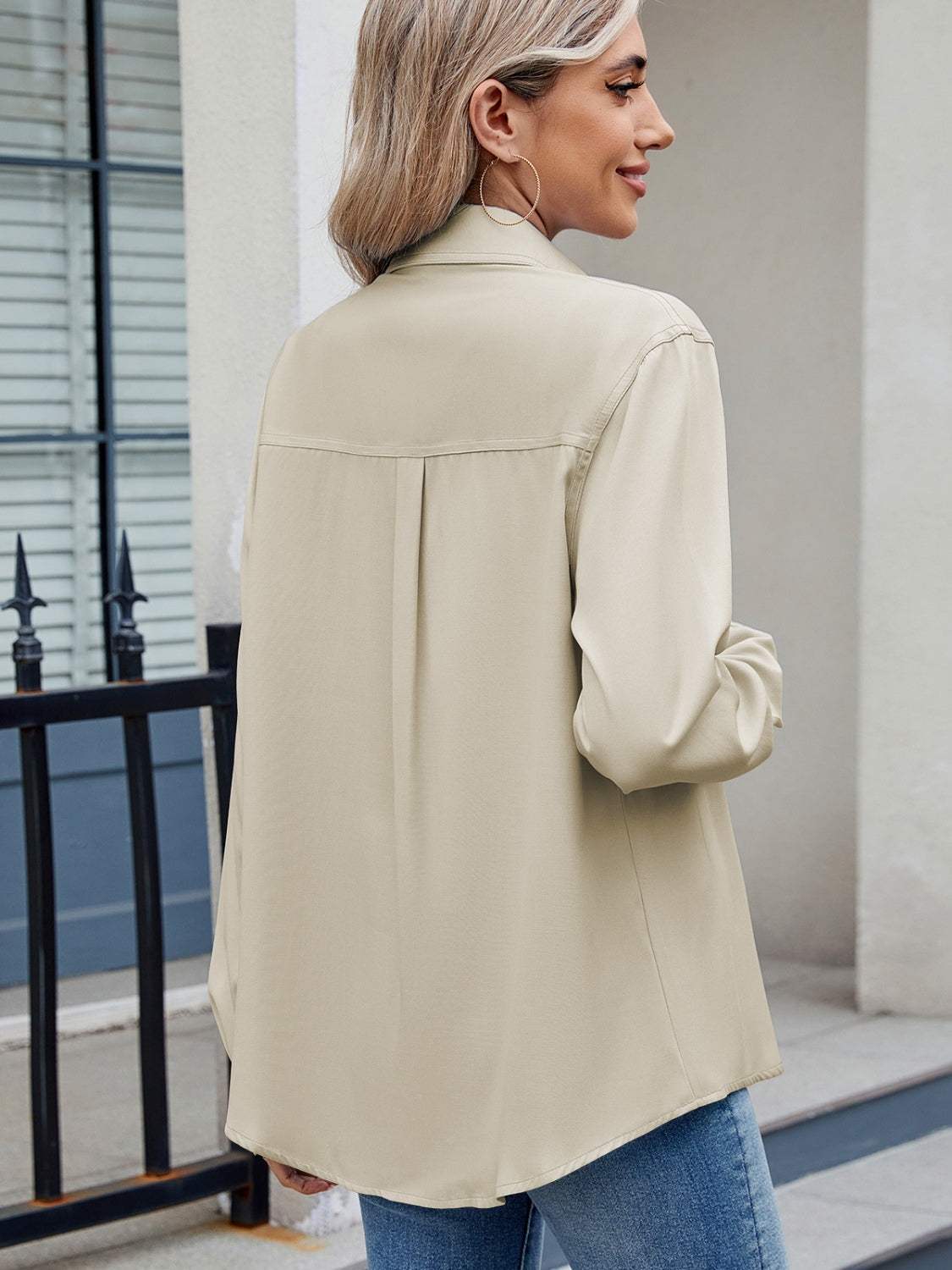 Solid Color Collared Neck Long Sleeve Shirt - Trendsi - Flyclothing LLC