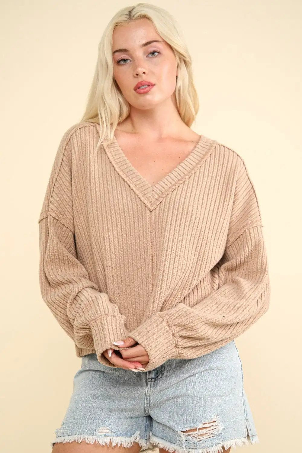 VERY J Exposed Seam V-Neck Ribbed Knit Top - Trendsi