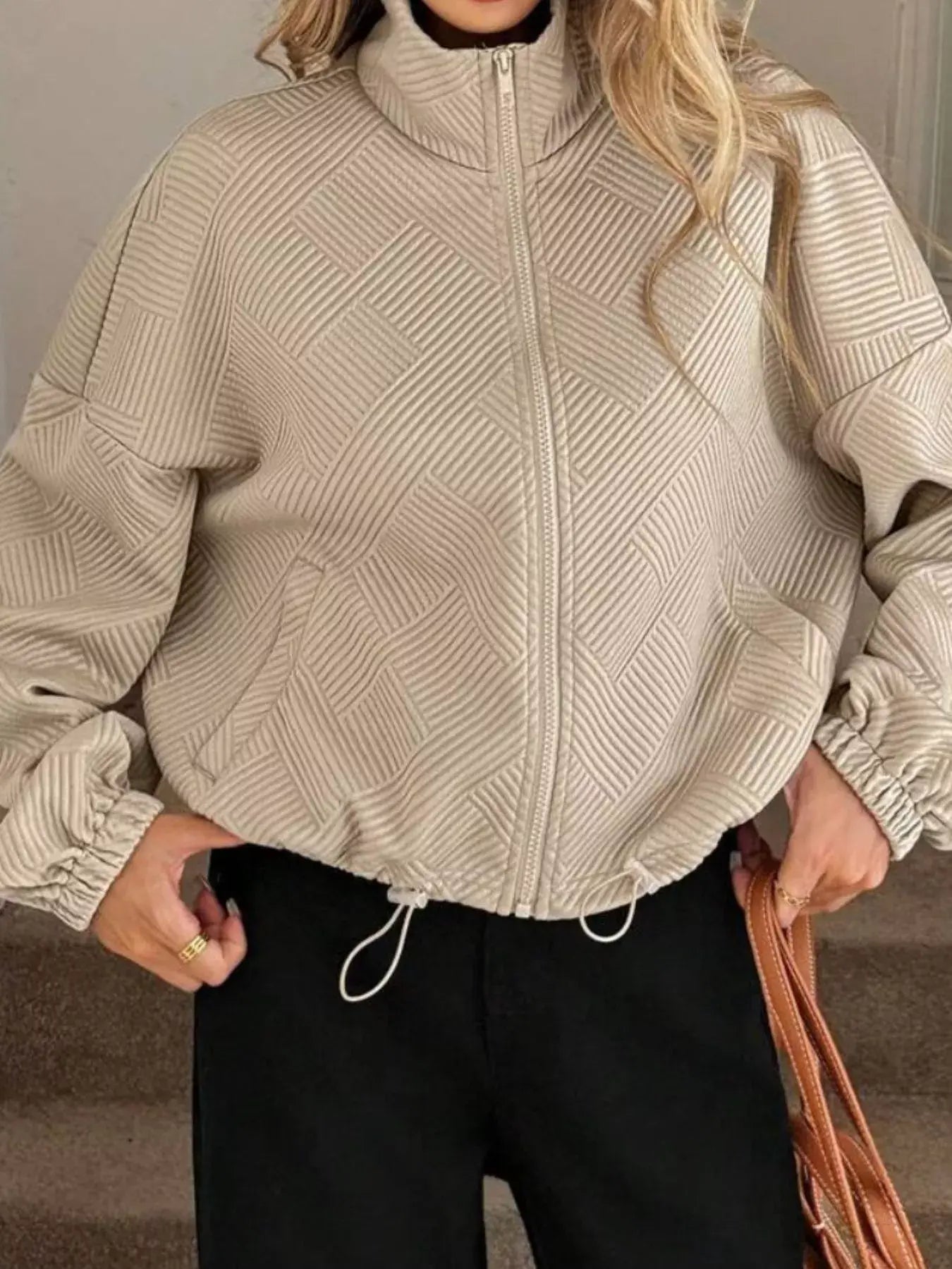 Textured Zip-Up Drawstring Hem Jacket - Trendsi - Flyclothing LLC
