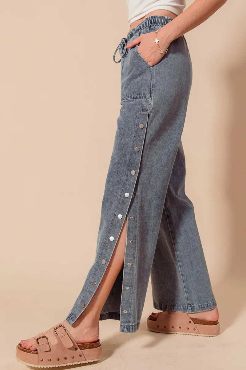 SO ME Mid Rise Drawstring Jeans with Side Snap Button - Trendsi - Flyclothing LLC