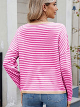 Striped Contrast Round Neck Long Sleeve Sweater - Trendsi - Flyclothing LLC