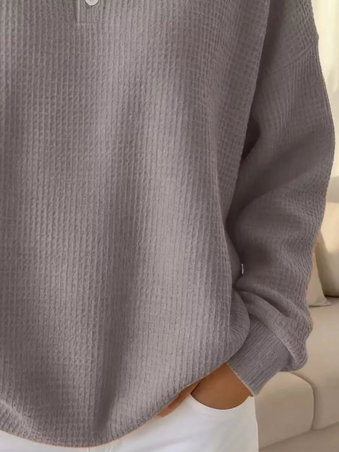 Full Size Waffle Knit Button Detail Sweatshirt Plus Size - Trendsi - Flyclothing LLC