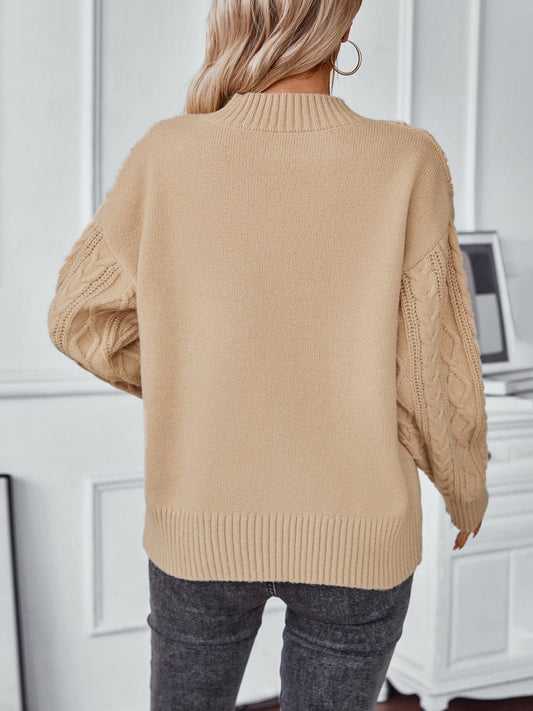 Cable-Knit Notched Long Sleeve Sweater - Trendsi