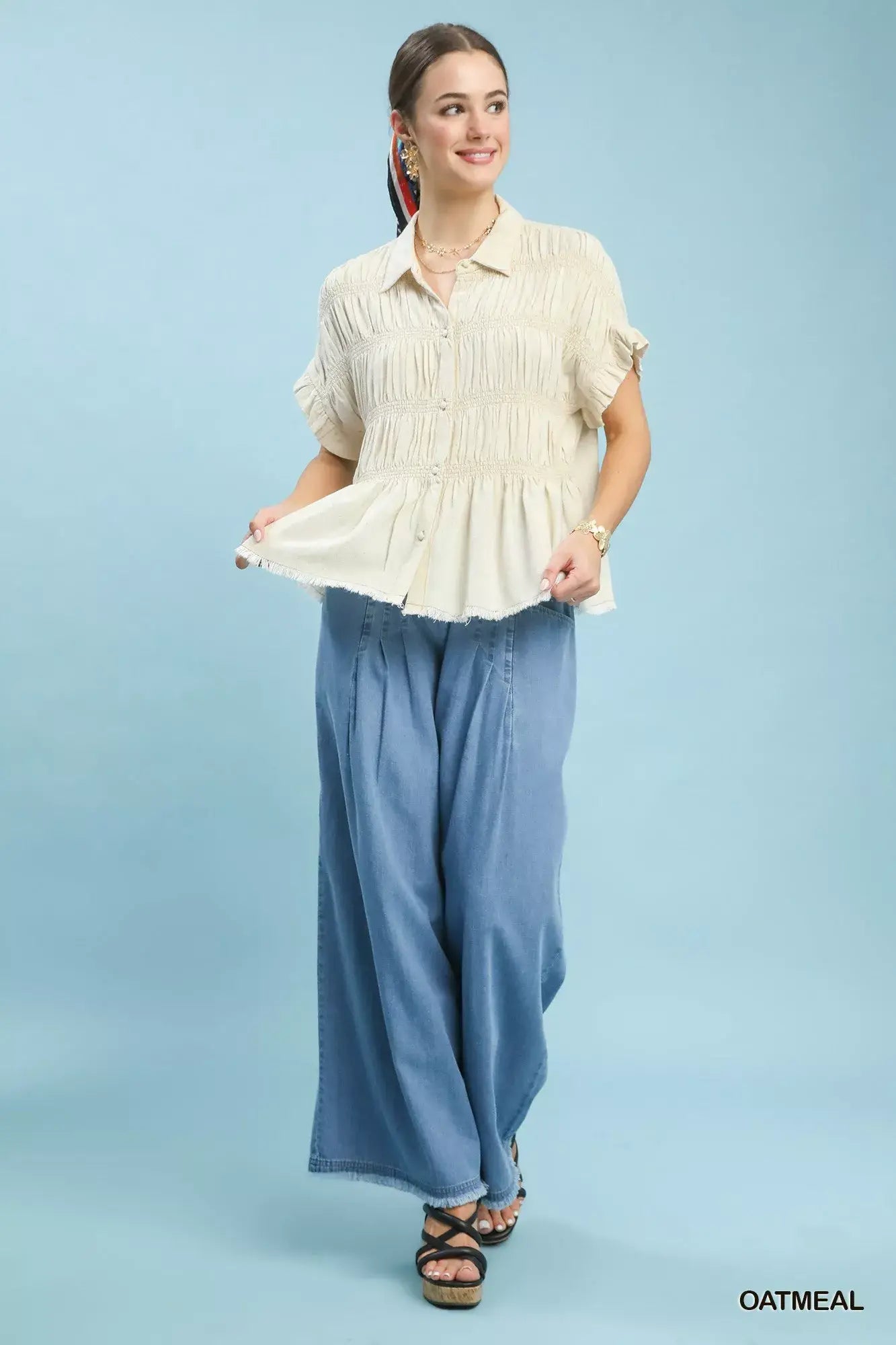 Umgee Washed Linen Blend Smocked Shirt - Trendsi - Flyclothing LLC