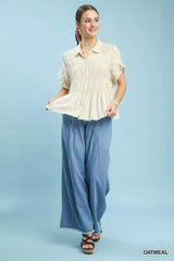 Umgee Washed Linen Blend Smocked Shirt - Trendsi - Flyclothing LLC