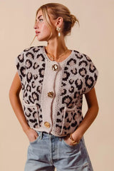 SO ME Big Metal Button Front Leopard Sweater Vest Top - Trendsi - Flyclothing LLC