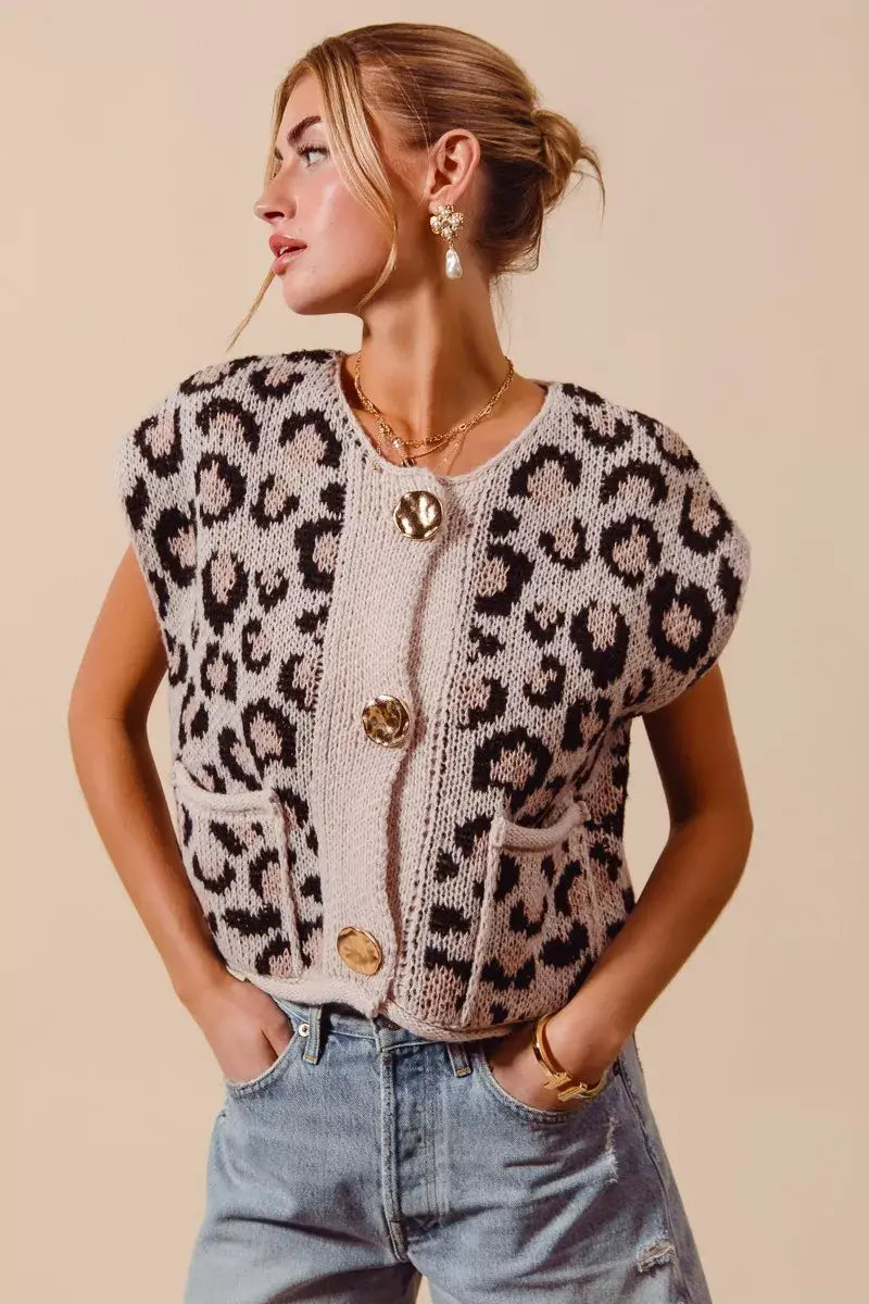 SO ME Big Metal Button Front Leopard Sweater Vest Top - Trendsi - Flyclothing LLC