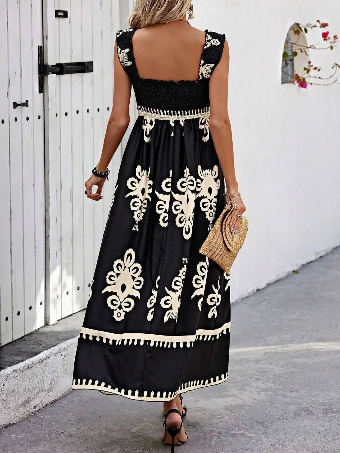 Smocked Printed Wide Strap Maxi Dress - Trendsi - Flyclothing LLC