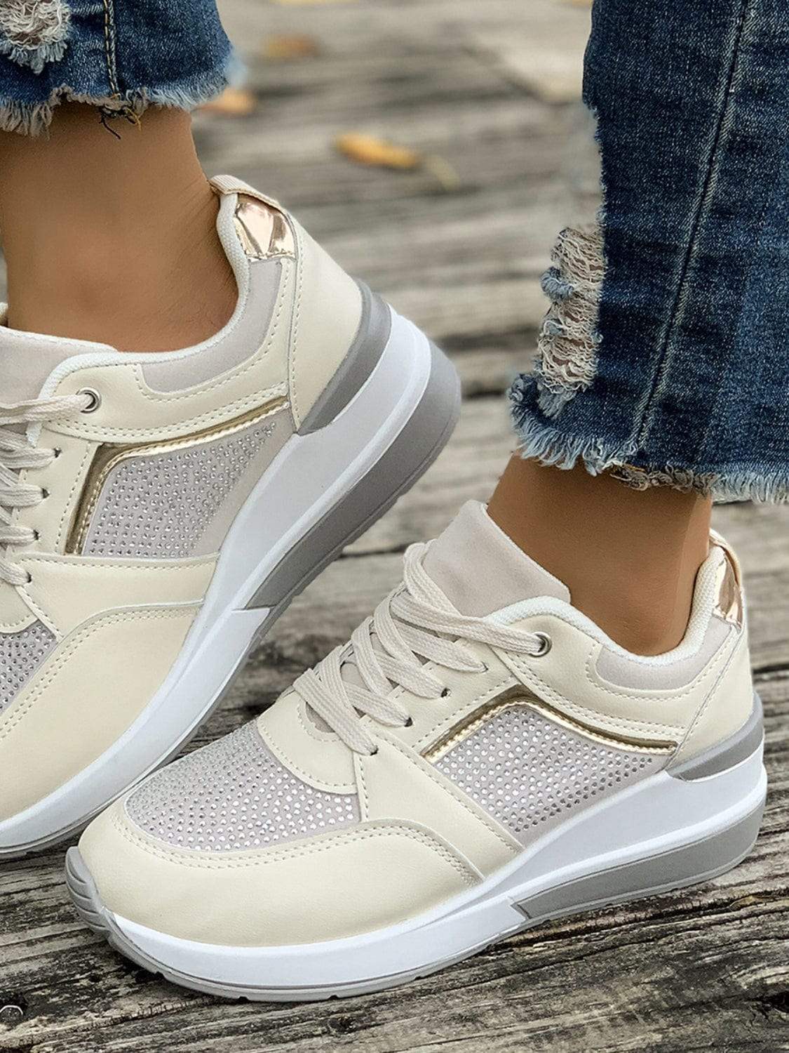 Lace-Up Rhinestone Wedge Sneakers - Trendsi - Flyclothing LLC