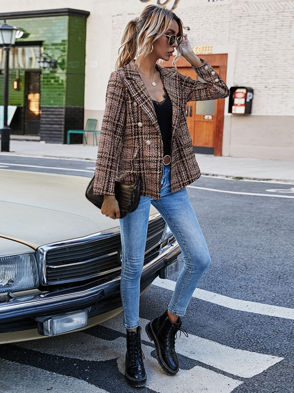 Full Size Plaid Lapel Collar Blazer - Trendsi