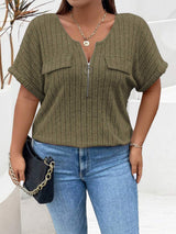 Plus Size Half Zip Short Sleeve T-Shirt - Trendsi - Flyclothing LLC