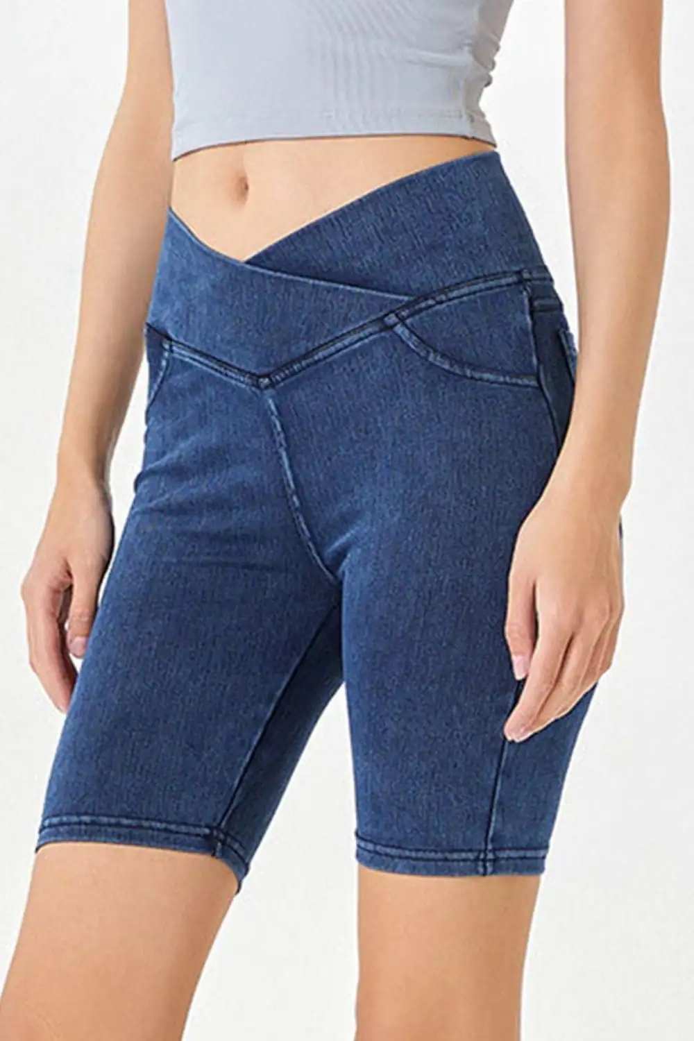 Basic Bae Asymmetrical Waist Denim Shorts with Pockets - Trendsi - Flyclothing LLC