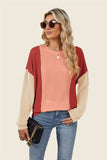 Double Take Texture Contrast Round Neck Long Sleeve T-Shirt - Trendsi - Flyclothing LLC