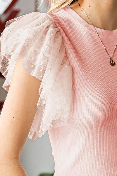 Ruffled Round Neck Cap Sleeve Blouse - Trendsi - Flyclothing LLC