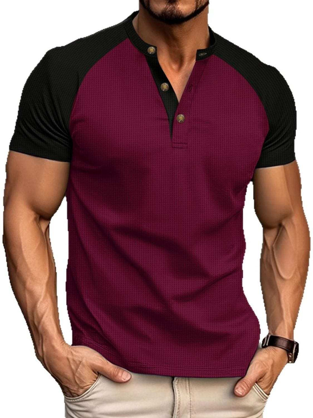Men's Full Size Waffle-Knit Round Neck Contrast Polo Plus Size - Trendsi - Flyclothing LLC