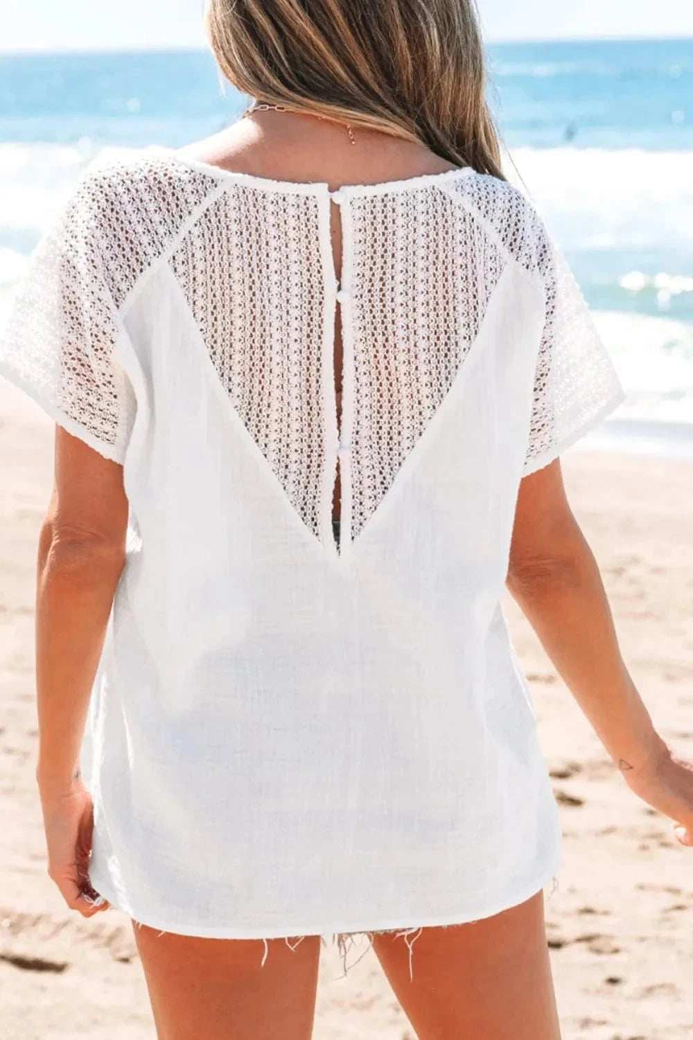 Lace Crochet Textured Button Back V Neck T Shirt - Trendsi - Flyclothing LLC