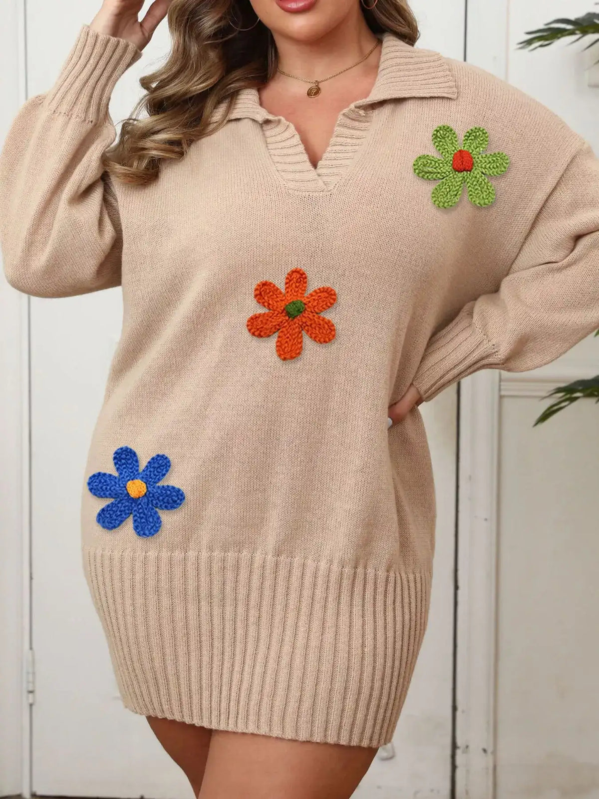 Plus Size Floral Applique Ribbed Hem Sweater Dress - Trendsi - Flyclothing LLC