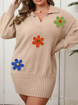 Plus Size Floral Applique Ribbed Hem Sweater Dress - Trendsi - Flyclothing LLC