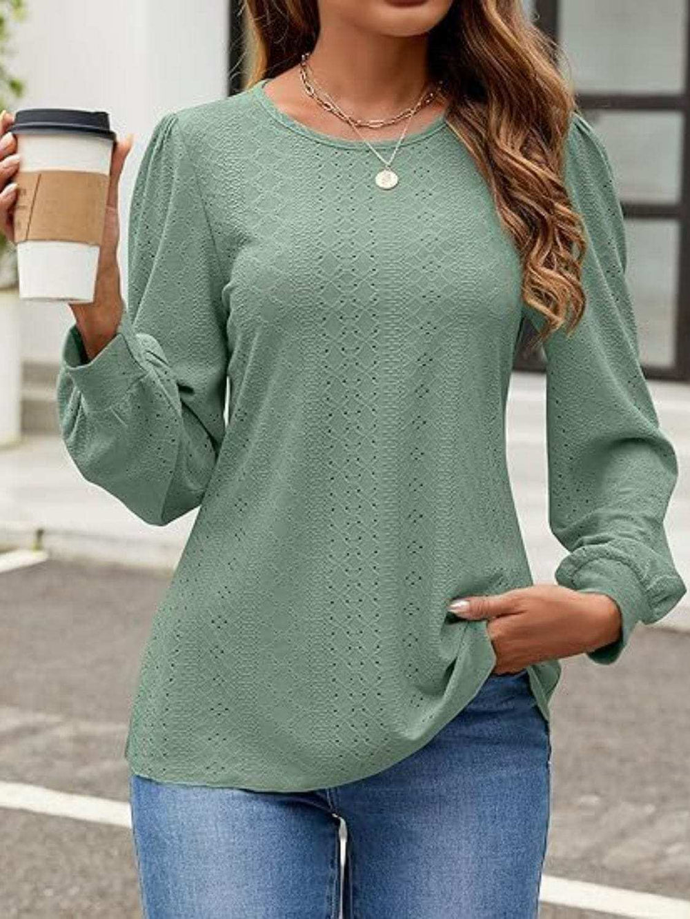 Eyelet Round Neck Long Sleeve Top - Trendsi - Flyclothing LLC