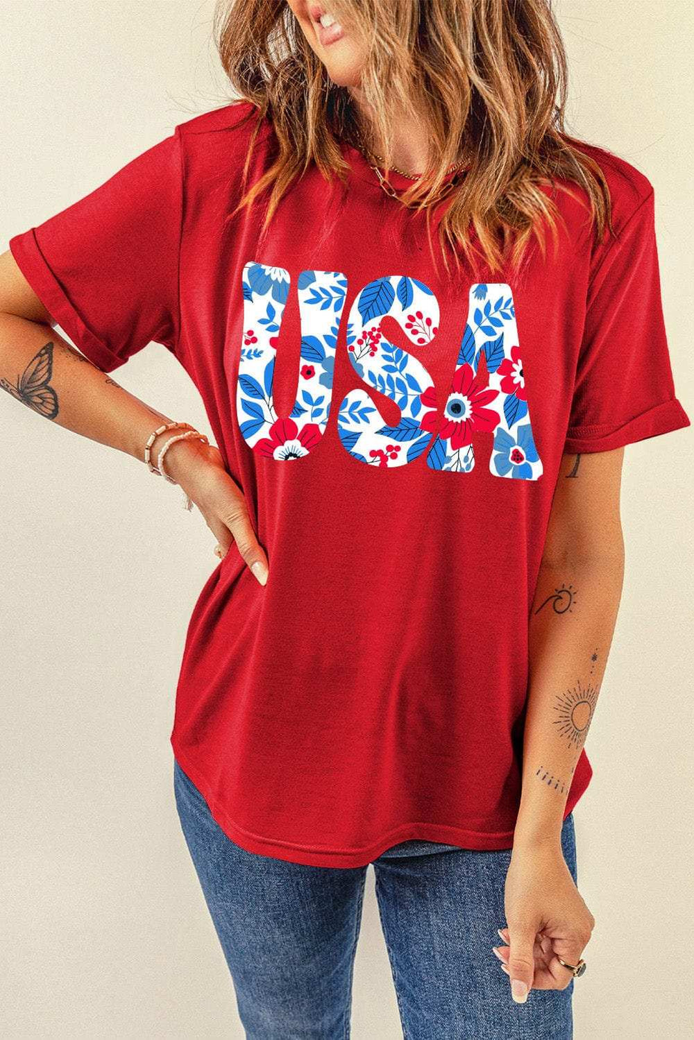 USA Round Neck Short Sleeve T-Shirt - Trendsi - Flyclothing LLC