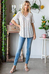 Heimish Full Size Crisscross Ditsy Floral Babydoll Top Plus Size - Trendsi - Flyclothing LLC