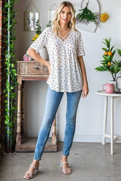 Heimish Full Size Crisscross Ditsy Floral Babydoll Top Plus Size - Trendsi - Flyclothing LLC