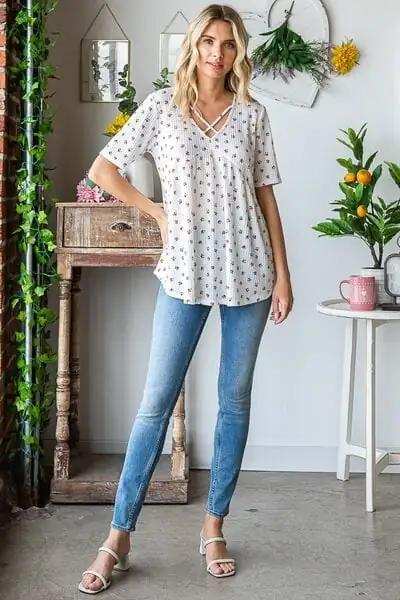Heimish Full Size Crisscross Ditsy Floral Babydoll Top Plus Size - Trendsi - Flyclothing LLC