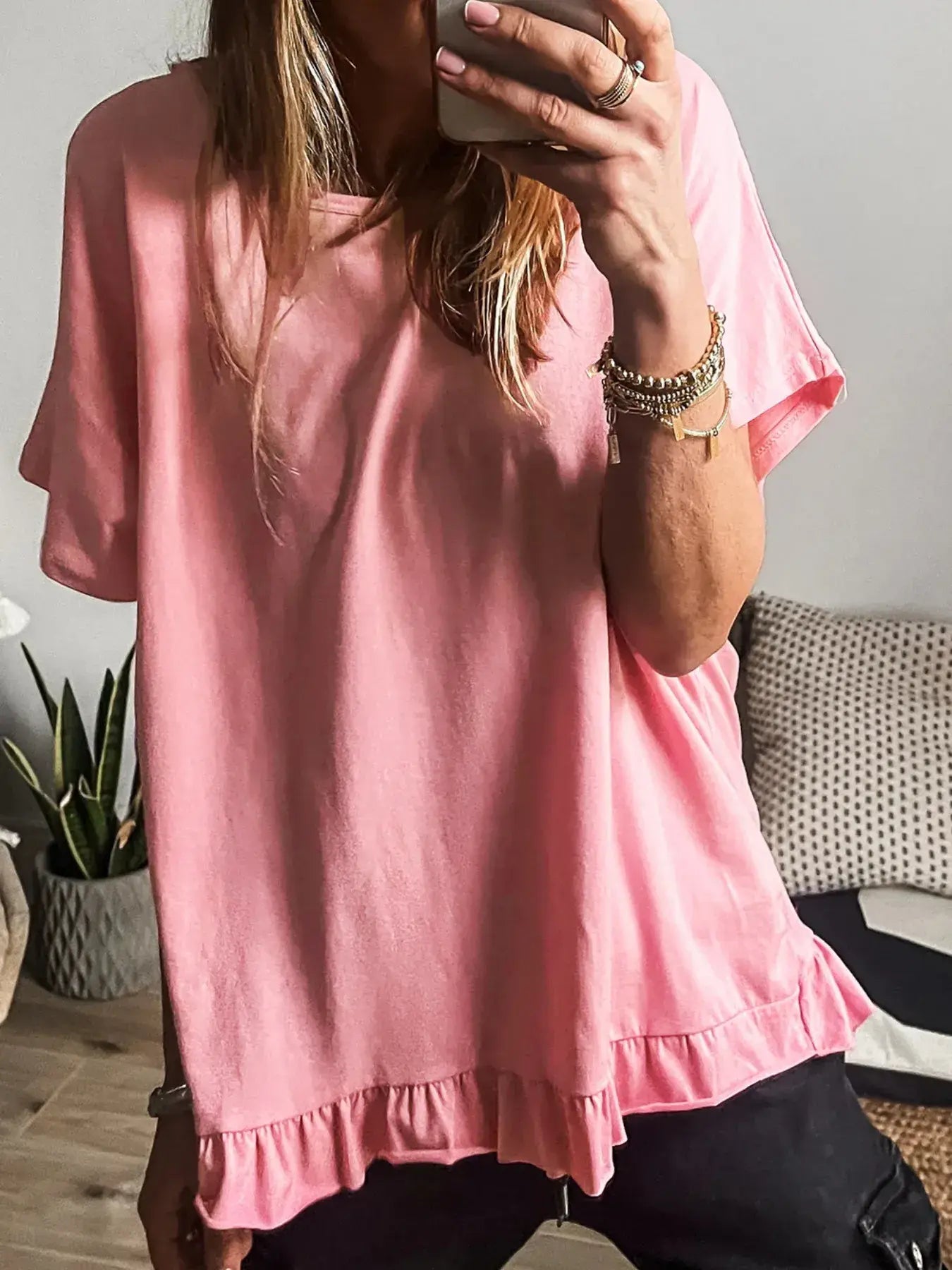 Ruffle Hem Round Neck Relaxed T-Shirt - Trendsi - Flyclothing LLC