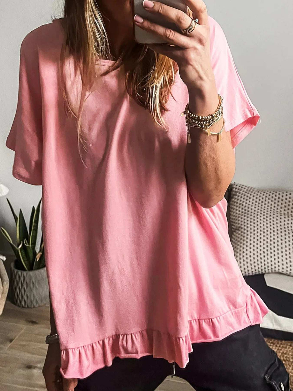 Ruffle Hem Round Neck Relaxed T-Shirt - Trendsi - Flyclothing LLC