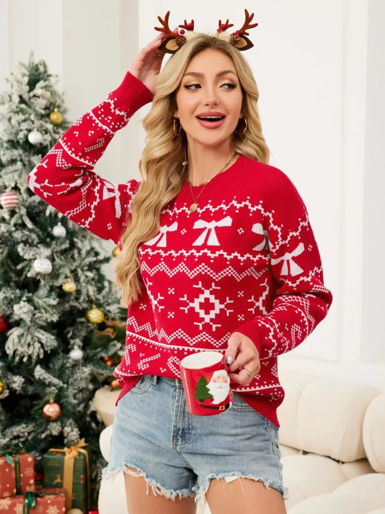 Christmas Bow Round Neck Sweater - Trendsi - Flyclothing LLC