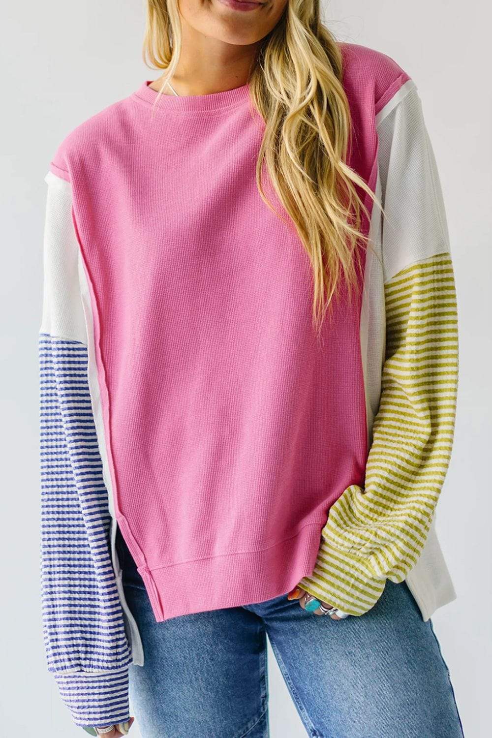 Exposed Seam Contrast Long Sleeve Sweatshirt - Trendsi - Flyclothing LLC