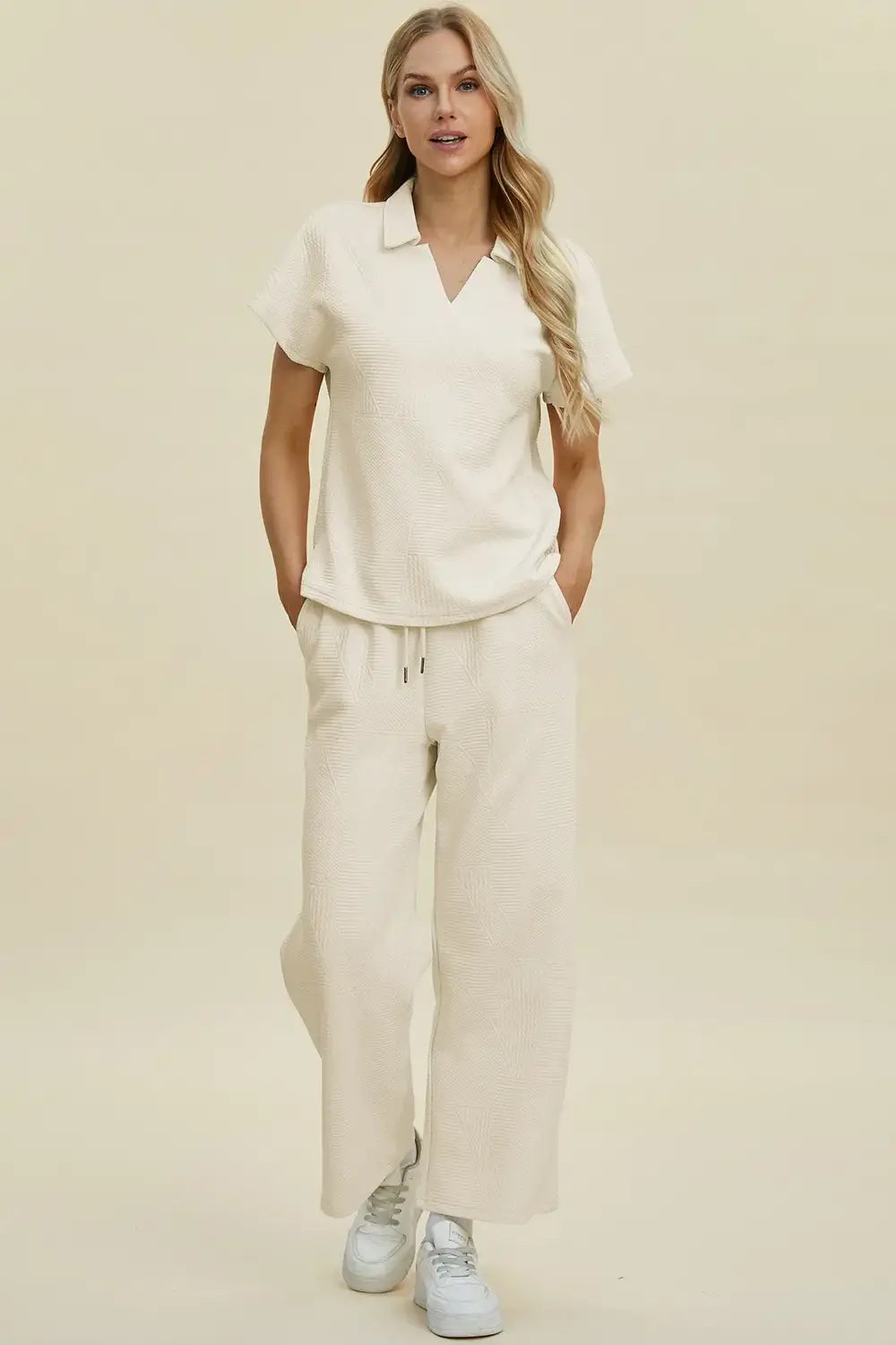 Double Take Full Size Collared Neck Short Sleeve Top and Pants Set - Trendsi - Flyclothing LLC