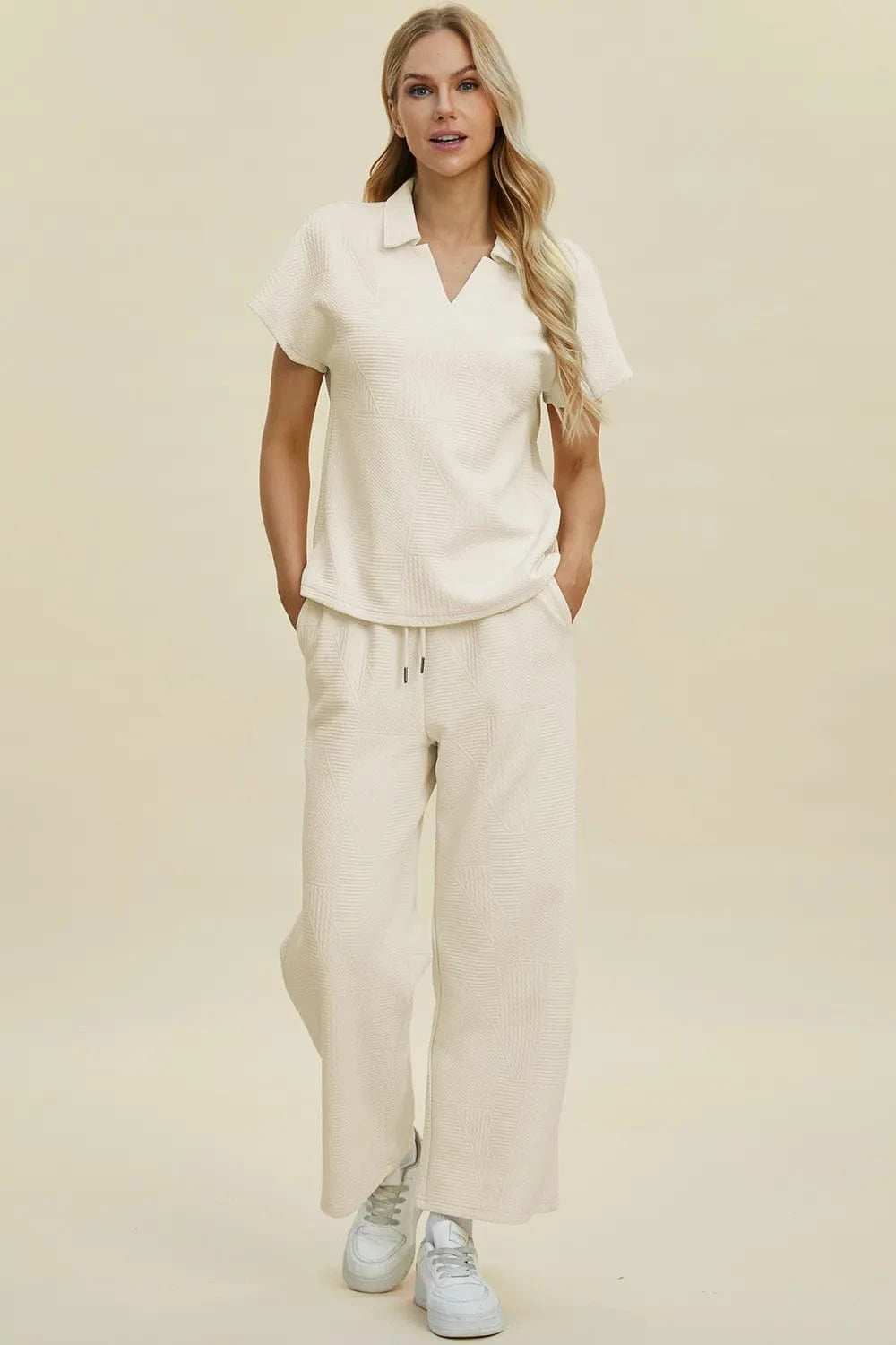 Double Take Full Size Collared Neck Short Sleeve Top and Pants Set - Trendsi - Flyclothing LLC