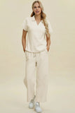 Double Take Full Size Collared Neck Short Sleeve Top and Pants Set - Trendsi