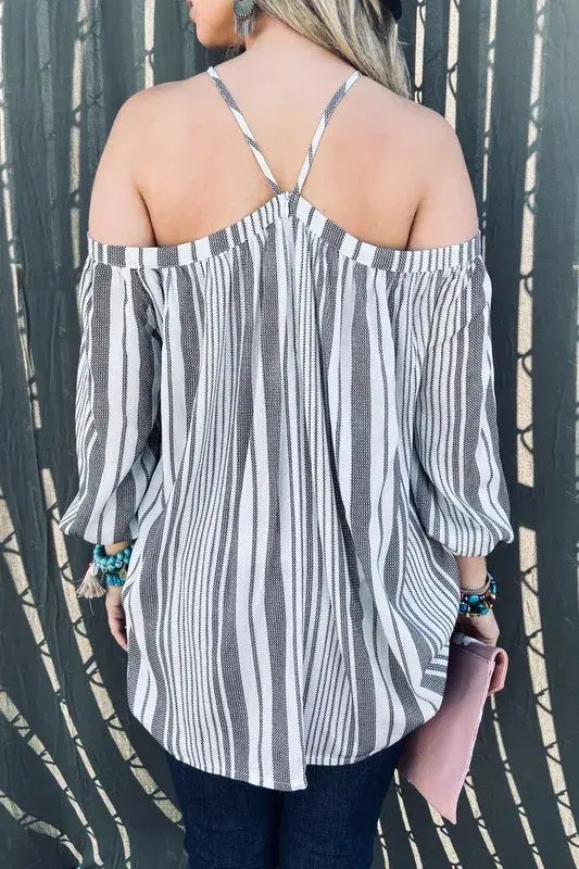 And The Why Stripe Printed Cold Shoulder Halter Neck Top - Trendsi - Flyclothing LLC