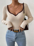 Contrast Trim Long Sleeve Knit Top - Trendsi - Flyclothing LLC